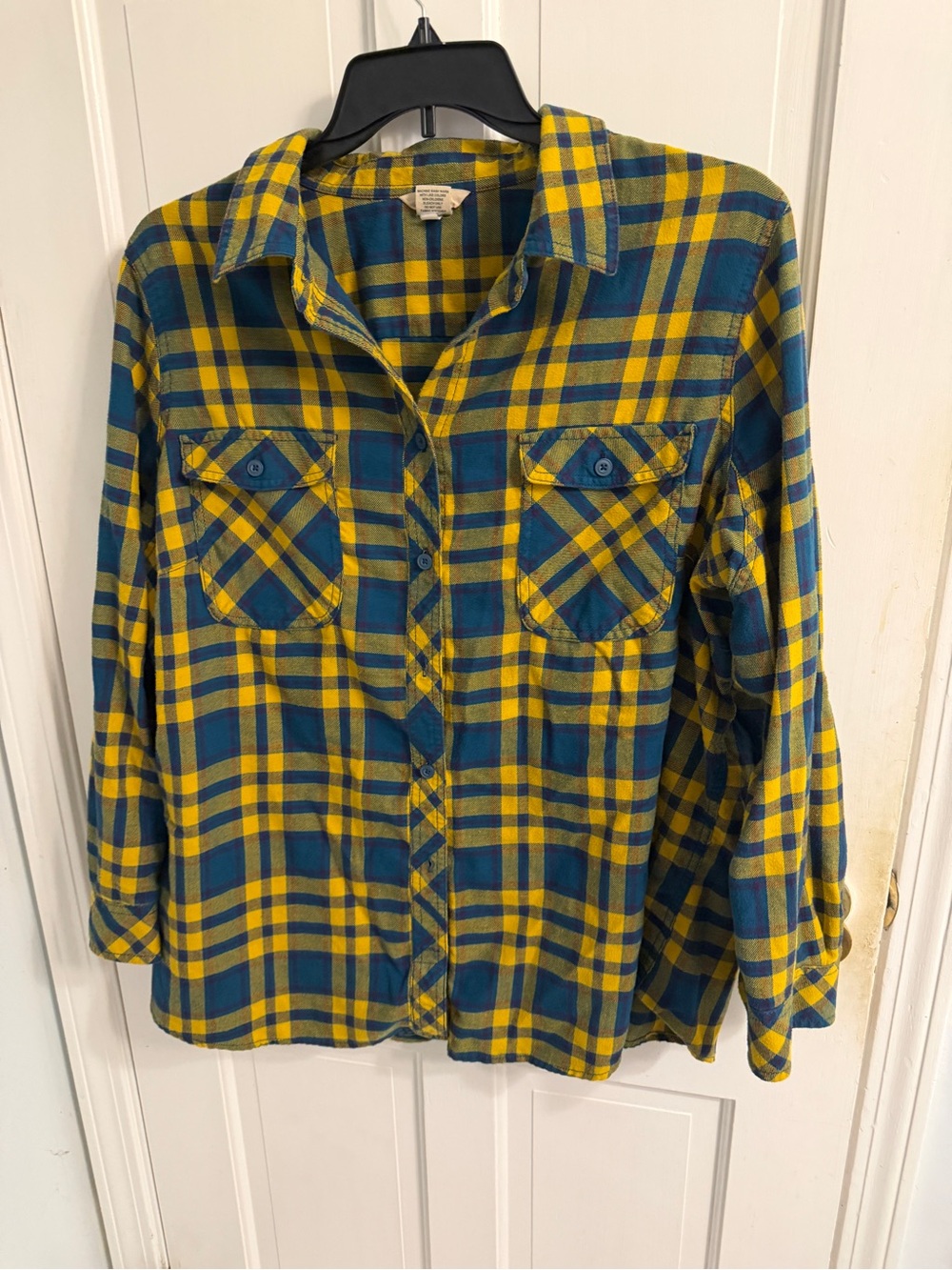 Duluth Trading Co Teal and Yellow Plaid Button-Down Shirt